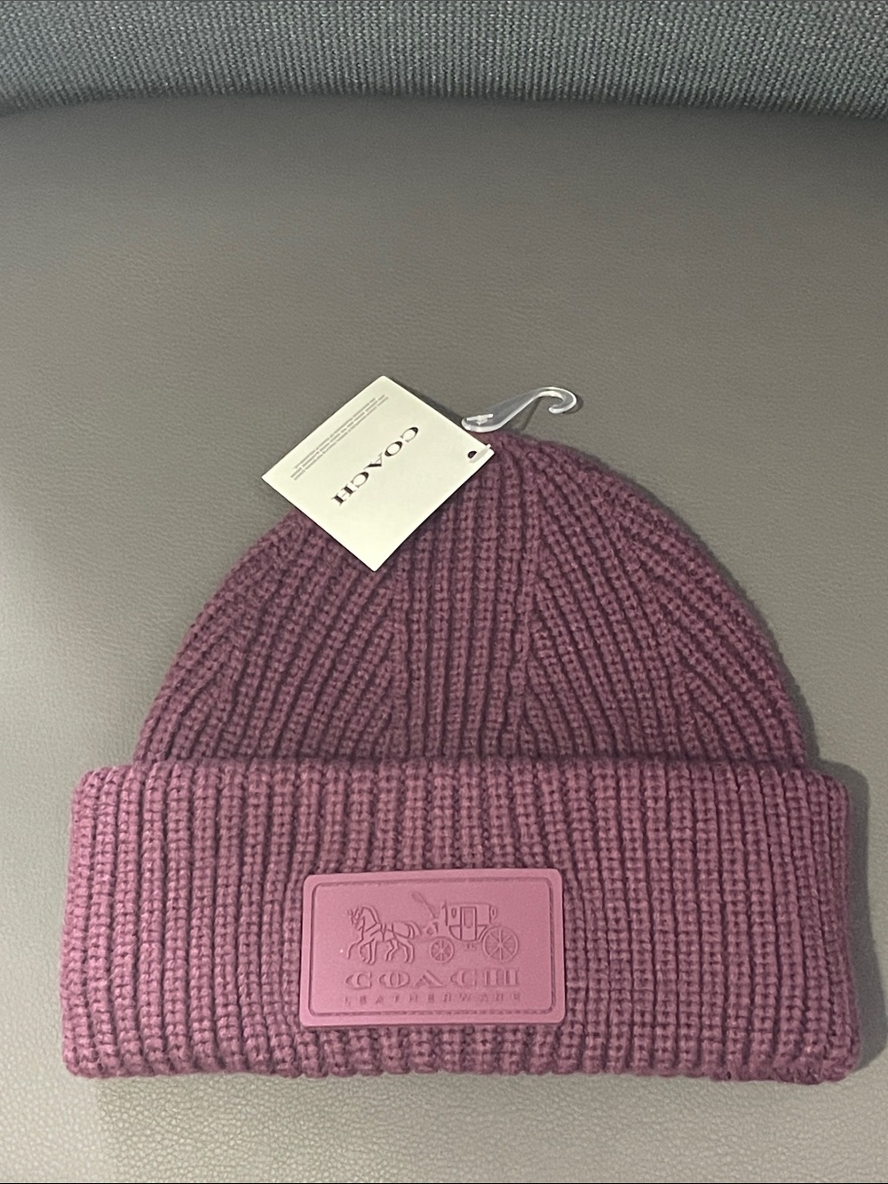 Coach Ribbed Knit Beanie in Mauve Plum